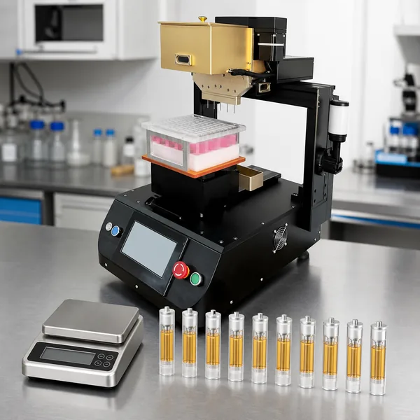 Filled cartridges prepared for weight verification beside a Longwill filling machine