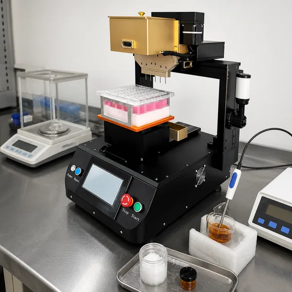 Temperature probe and quality-control equipment beside a Longwill cartridge filling machine