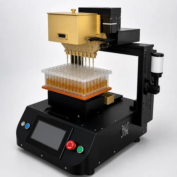 Multi-nozzle Longwill machine dispensing amber resin into aligned cartridges