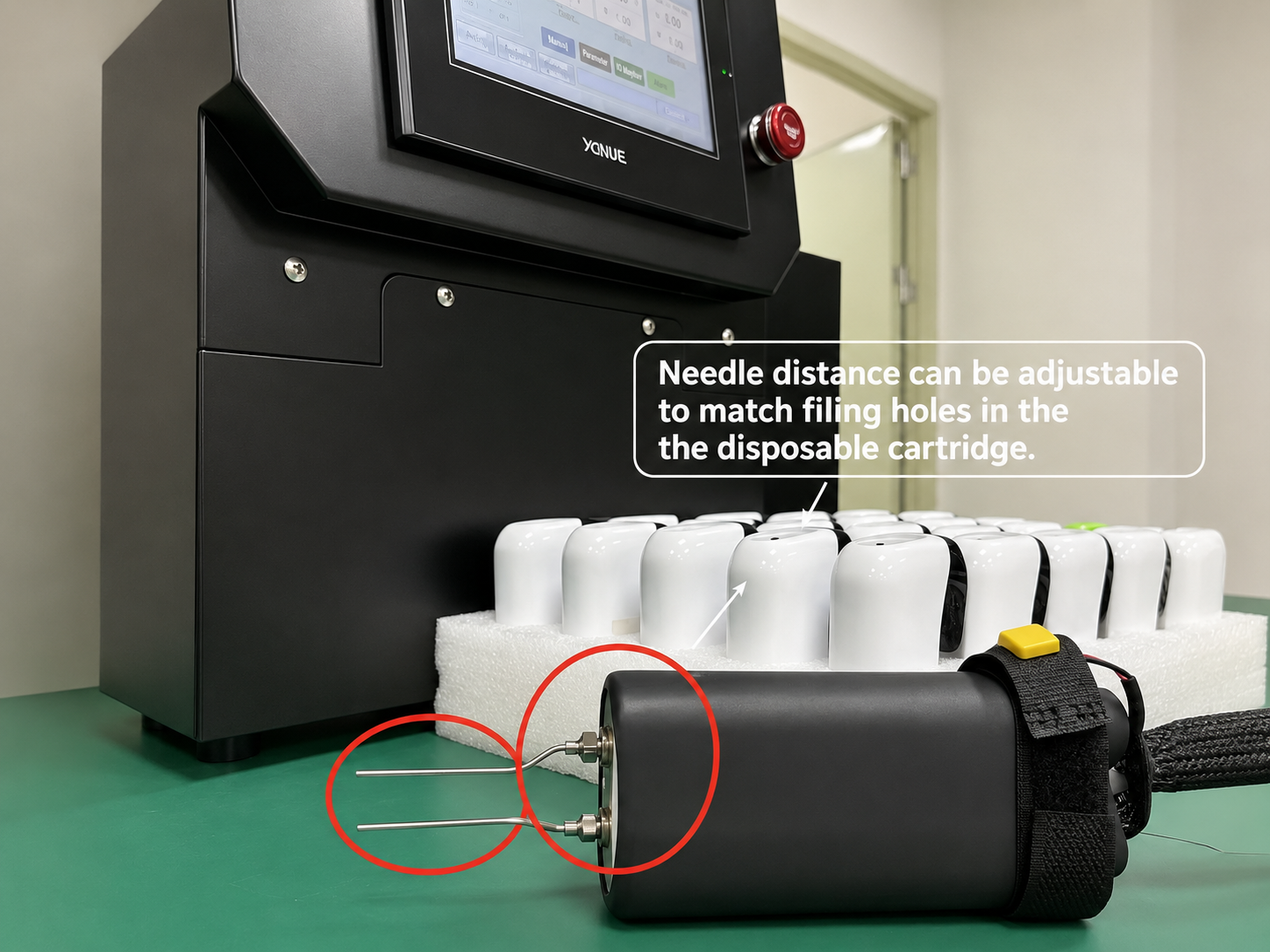 Adjustable needle spacing for different dual flavor cartridge filling holes