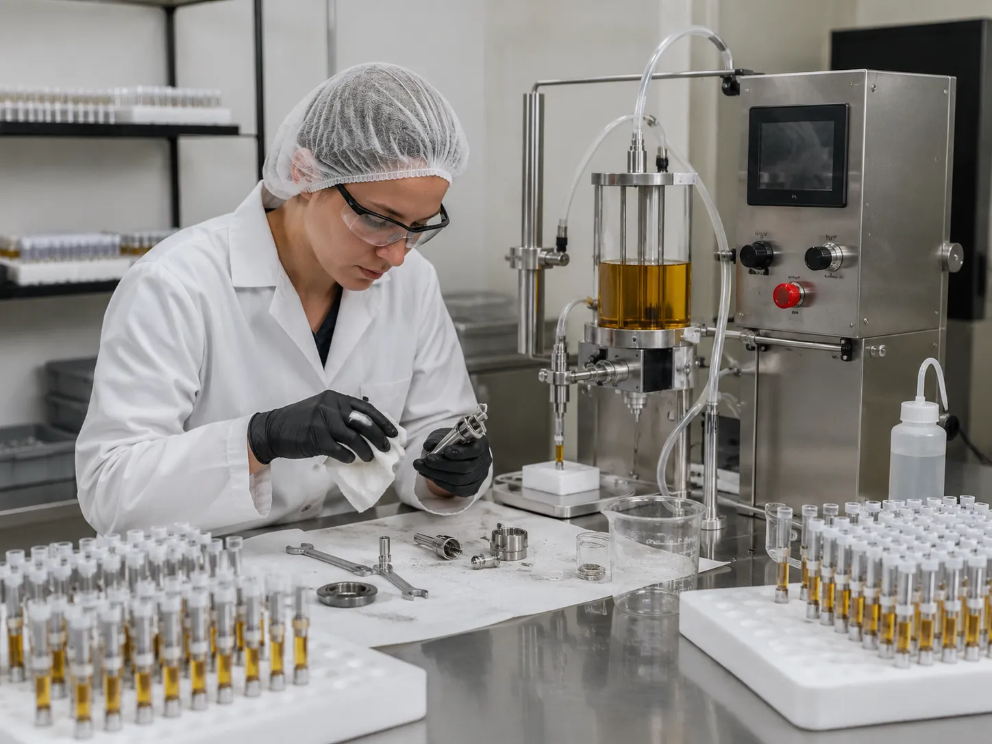 Operator handling frequent oil changes during dual flavor cartridge production