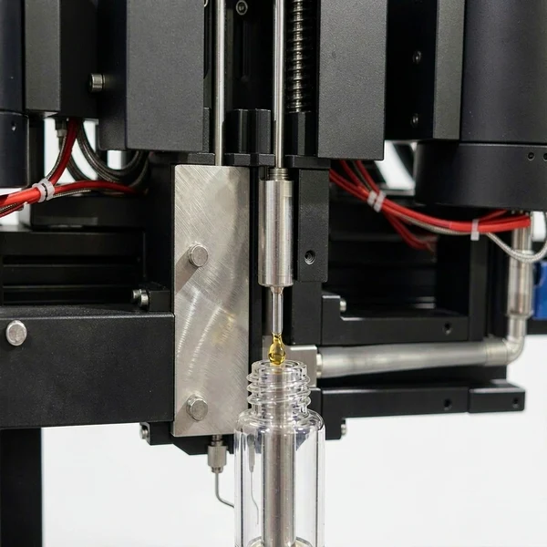 Filling nozzle dispensing oil into the filling port of a vape cartridge