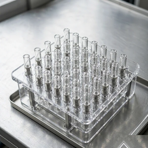 Cartridge tray fixture holding vape cartridges in aligned pockets for filling