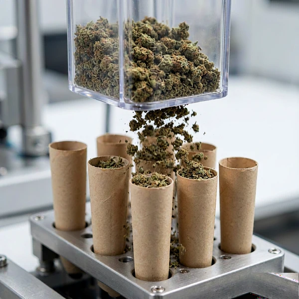 Pre-roll cones being loaded and settled with prepared flower in a tray fixture