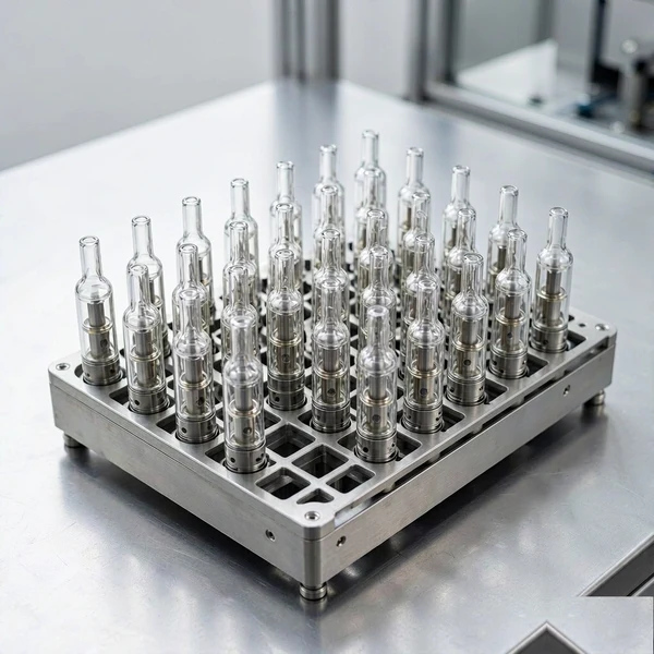 Cartridge tray fixture holding glass vape cartridges