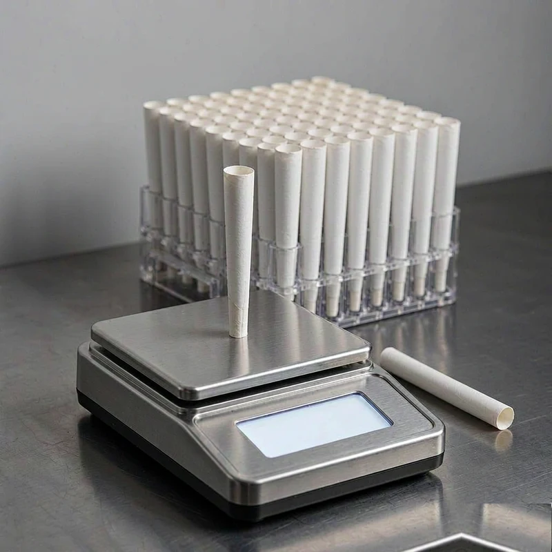 Filled pre-roll cone weighed on a digital scale next to an empty cone for tare comparison